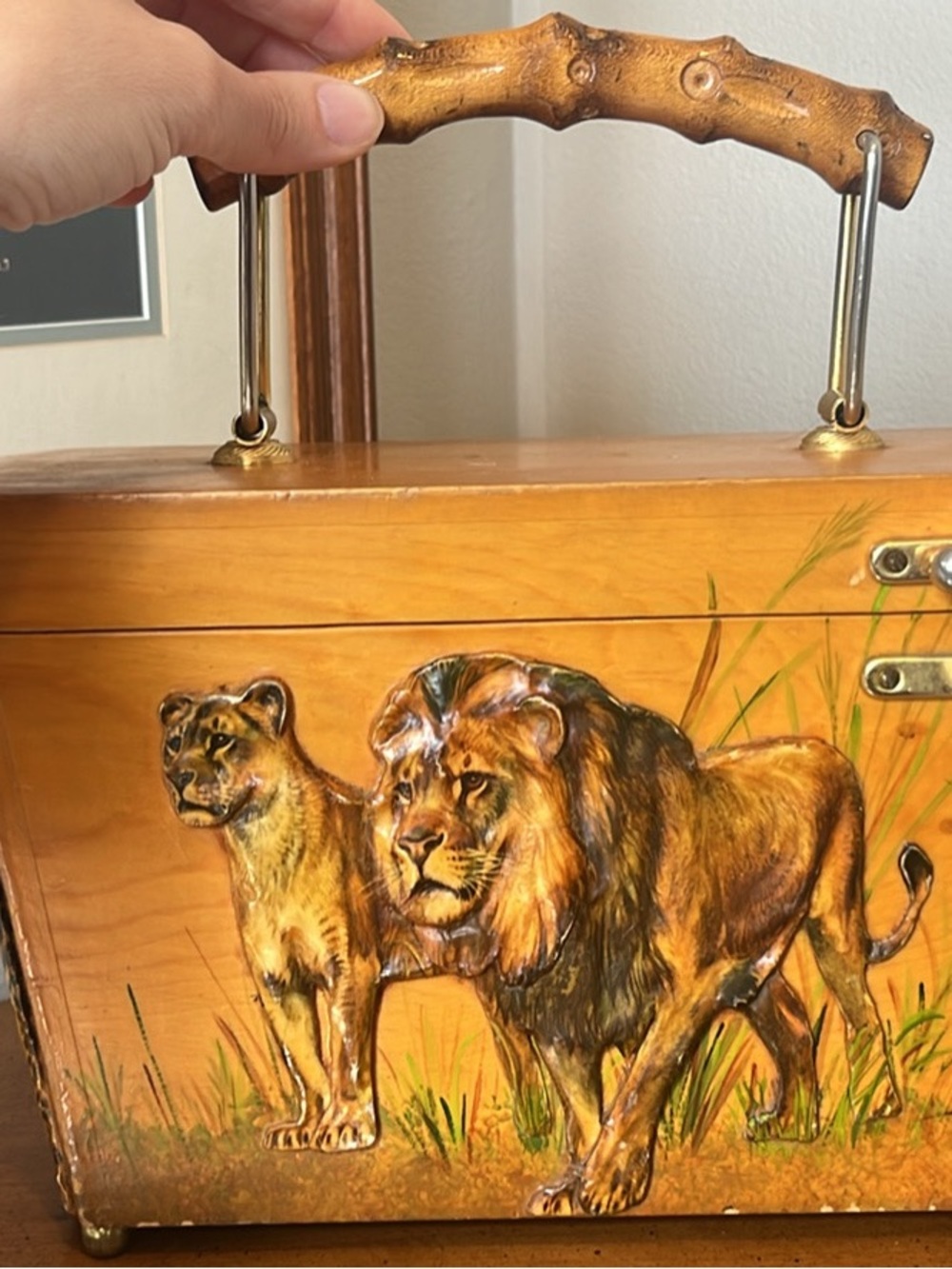 Handmade wooden Safari Purse Lions, Tigers, Jaguars 1970s